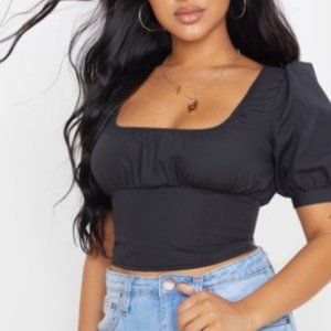 Petite US Size 6 - Black Puff Sleeve Cropped Blouse